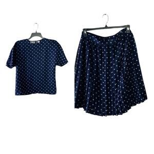 Steven Barry Skirt Top Set Womens 10 Pleated Skirt Short Sleeve Blouse Polka Dot